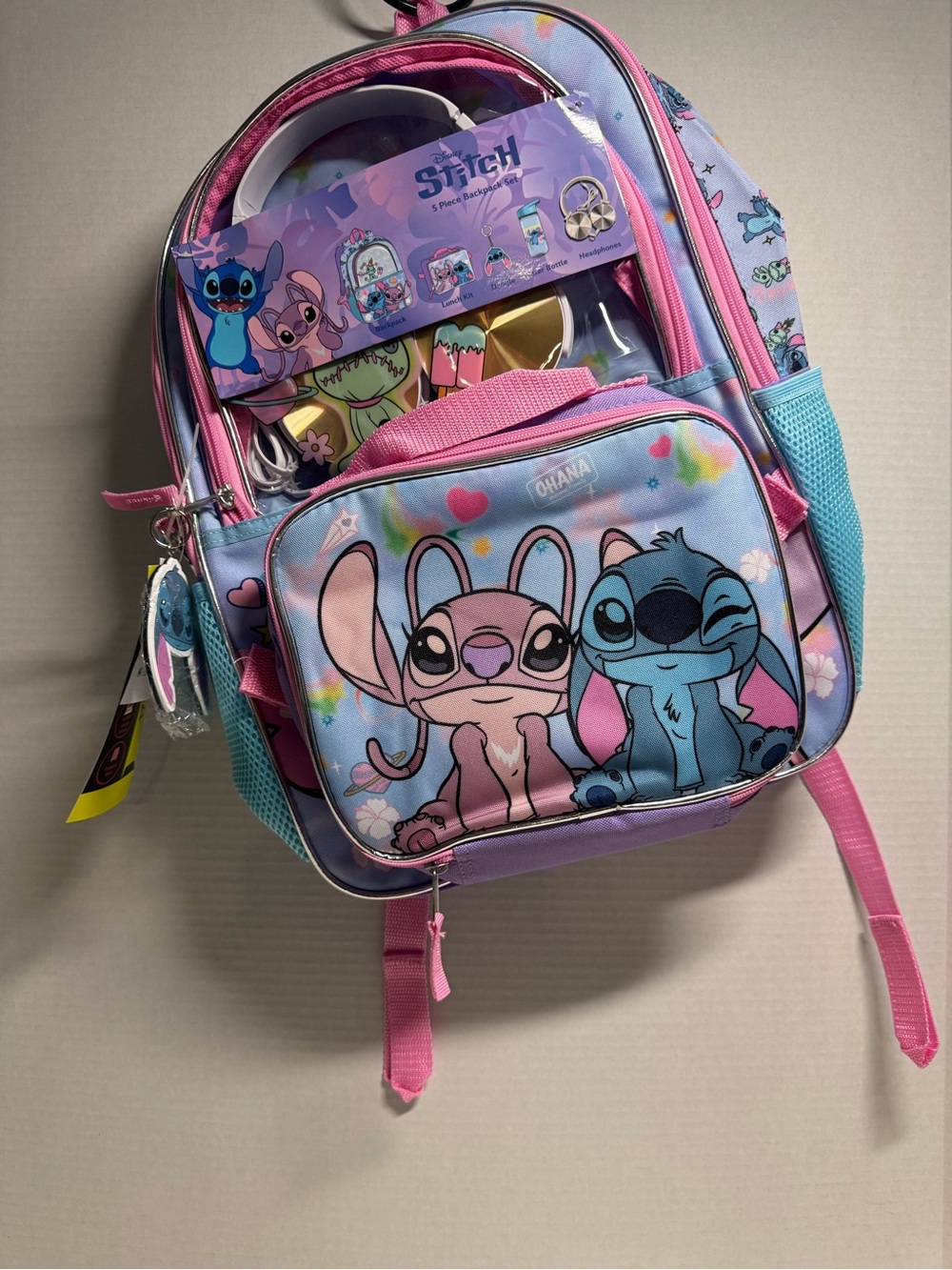 Disney Kids Backpack with Stitch & Angel - Pink, Light Blue, Lavender